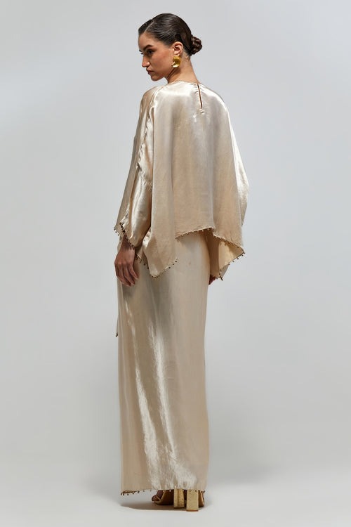 Champagne Satin Kaftan Ensemble with Embellished Mosaic Neckline