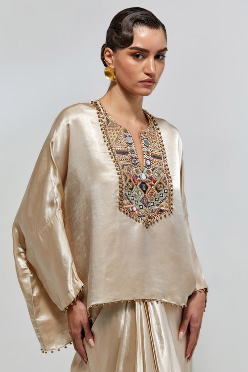 Champagne Satin Kaftan Ensemble with Embellished Mosaic Neckline