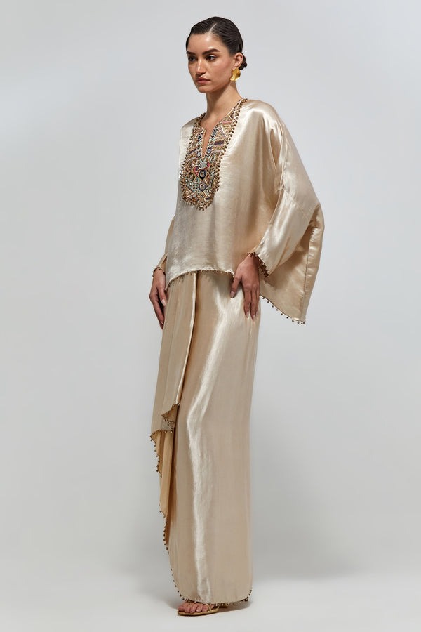 Champagne Satin Kaftan Ensemble with Embellished Mosaic Neckline