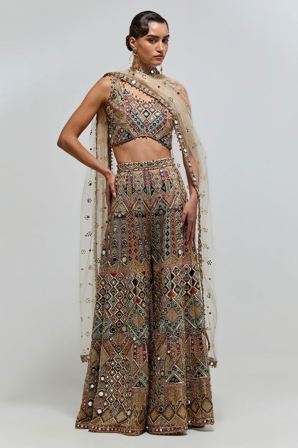 Multicolour Sharara Set with Intricate Mirror, Zardozi, and Geometric Embroidery