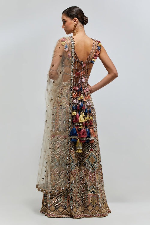 Multicolour Sharara Set with Intricate Mirror, Zardozi, and Geometric Embroidery