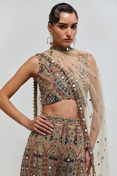 Multicolour Sharara Set with Intricate Mirror, Zardozi, and Geometric Embroidery