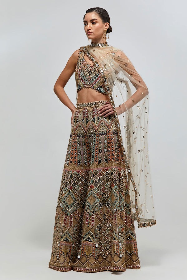 Multicolour Sharara Set with Intricate Mirror, Zardozi, and Geometric Embroidery