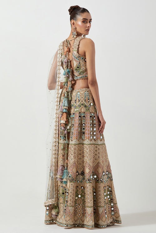 Pastel Multicolour Sharara Set with Mirror and Zardozi Embroidery