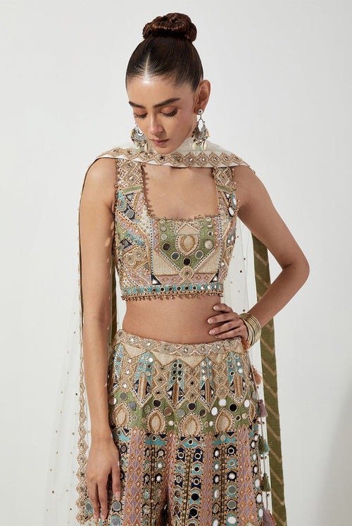 Pastel Multicolour Sharara Set with Mirror and Zardozi Embroidery