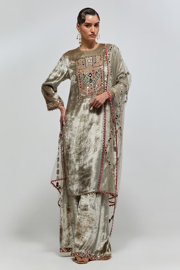 Sage Velvet Kurta with Mirror and Zardozi Embellished Yoke