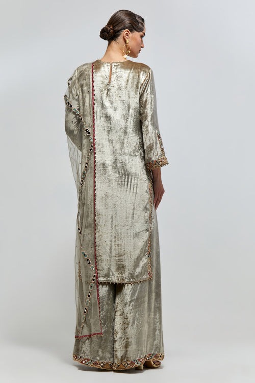 Sage Velvet Kurta with Mirror and Zardozi Embellished Yoke
