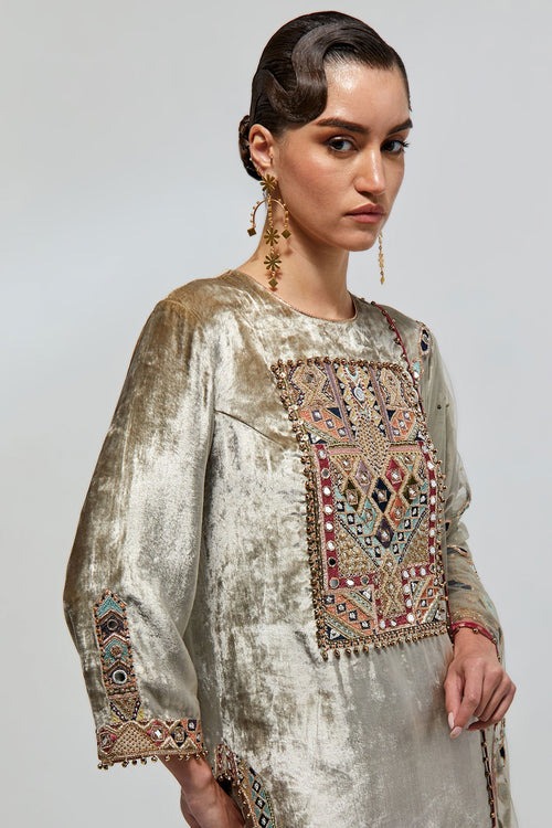 Sage Velvet Kurta with Mirror and Zardozi Embellished Yoke