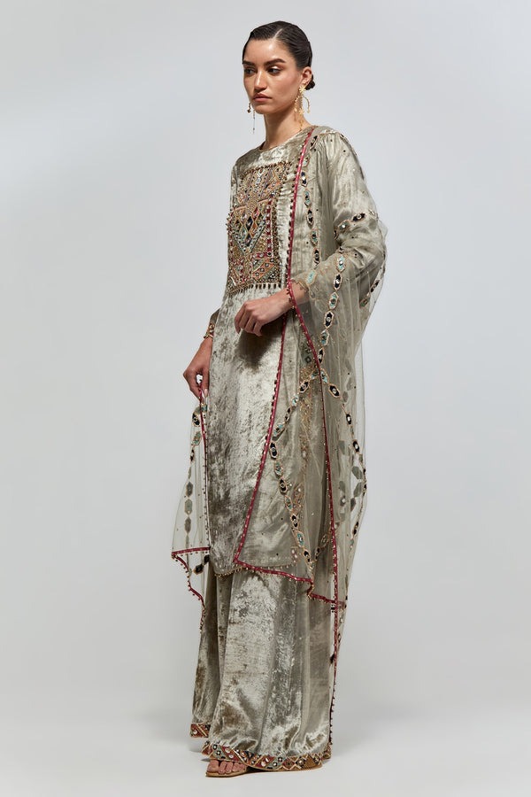 Sage Velvet Kurta with Mirror and Zardozi Embellished Yoke