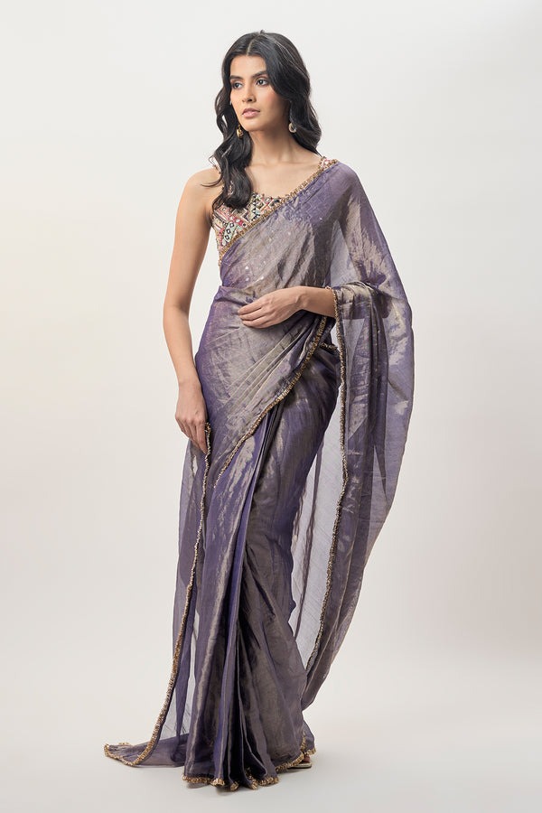Dusky Lavender Sari with Embellished Blouse Border