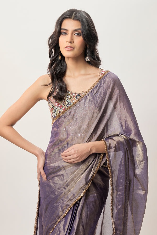 Dusky Lavender Sari with Embellished Blouse Border