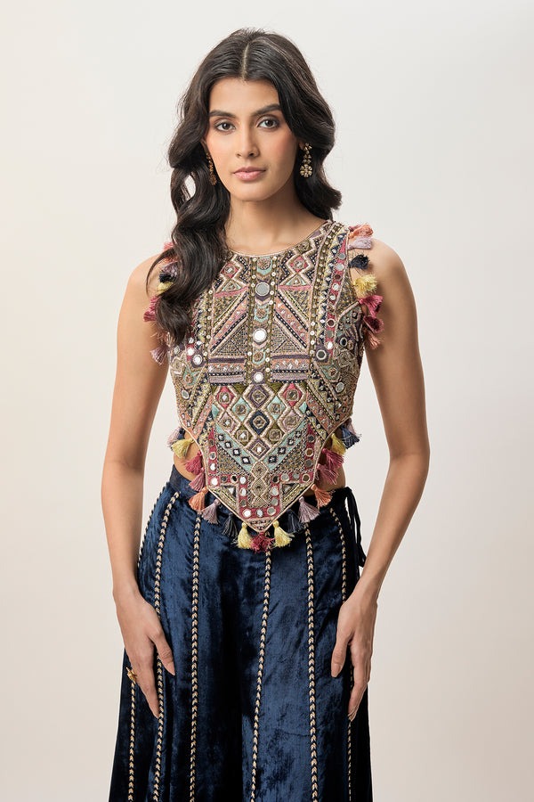 Midnight Blue Lehenga with Embellished Geometric Bodice