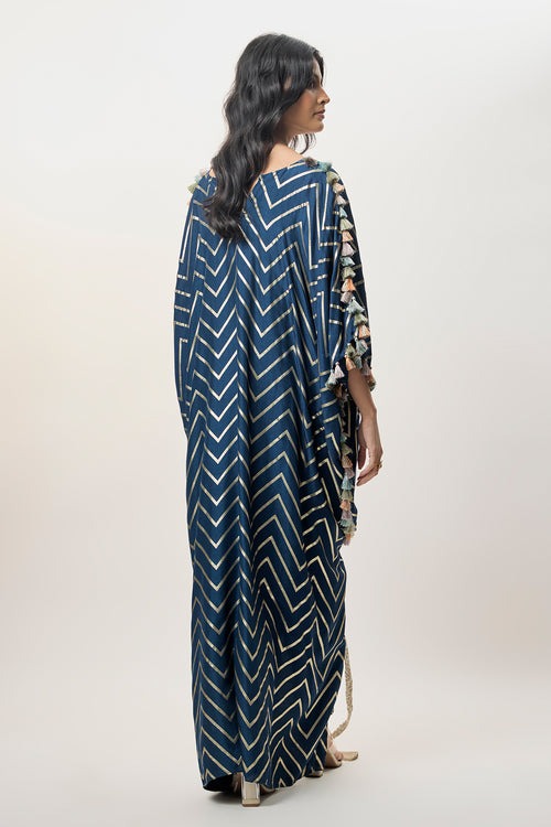 Deep Navy Chevron Kaftan Co-ord Set with Embellished Neckline