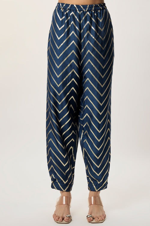 Deep Navy Chevron Kaftan Co-ord Set with Embellished Neckline