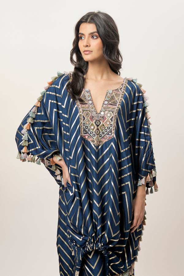Deep Navy Chevron Kaftan Co-ord Set with Embellished Neckline