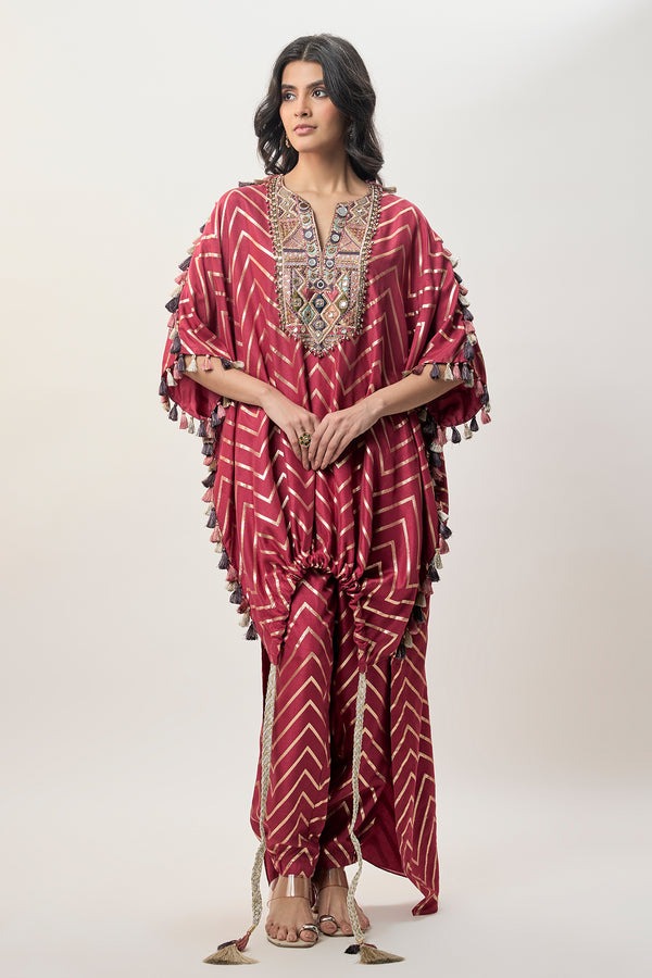 Crimson Chevron Kaftan Co-ord Set with Embellished Neckline