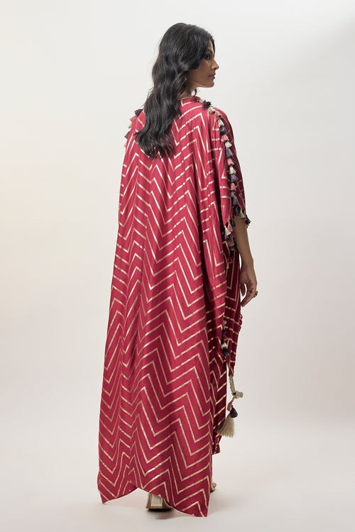 Crimson Chevron Kaftan Co-ord Set with Embellished Neckline