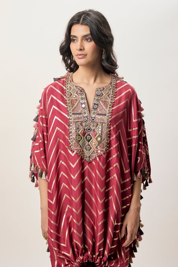 Crimson Chevron Kaftan Co-ord Set with Embellished Neckline