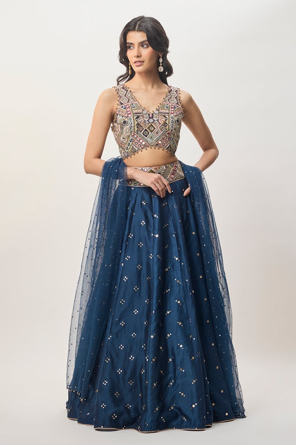Midnight Blue Lehenga with Mirror-Embellished Heritage Blouse