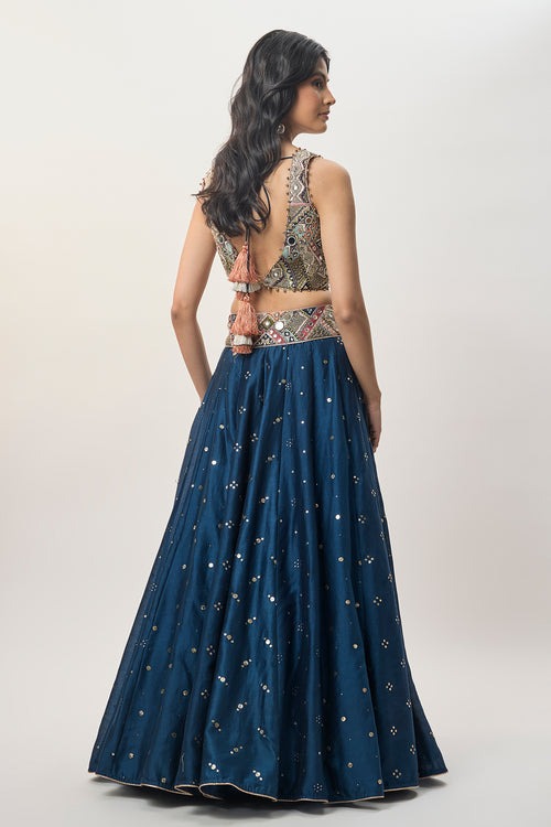 Midnight Blue Lehenga with Mirror-Embellished Heritage Blouse
