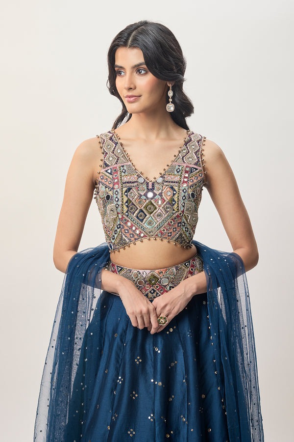 Midnight Blue Lehenga with Mirror-Embellished Heritage Blouse