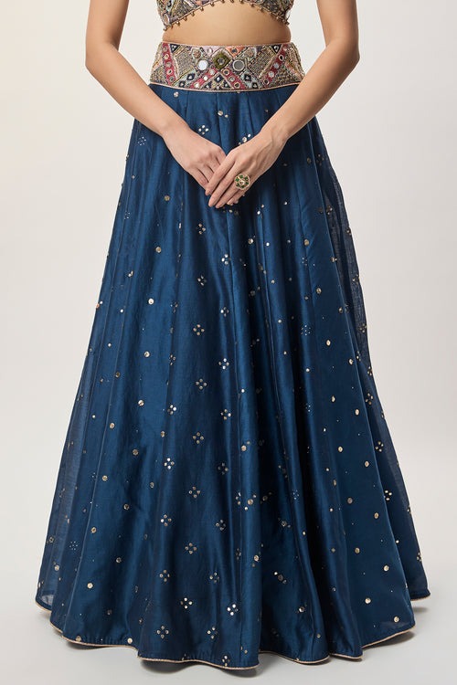 Midnight Blue Lehenga with Mirror-Embellished Heritage Blouse
