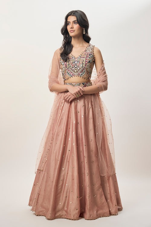 Blush Rose Lehenga with Mirror-Embellished Heritage Blouse