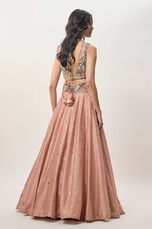 Blush Rose Lehenga with Mirror-Embellished Heritage Blouse