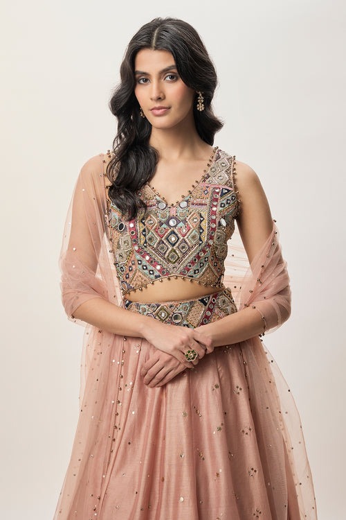 Blush Rose Lehenga with Mirror-Embellished Heritage Blouse