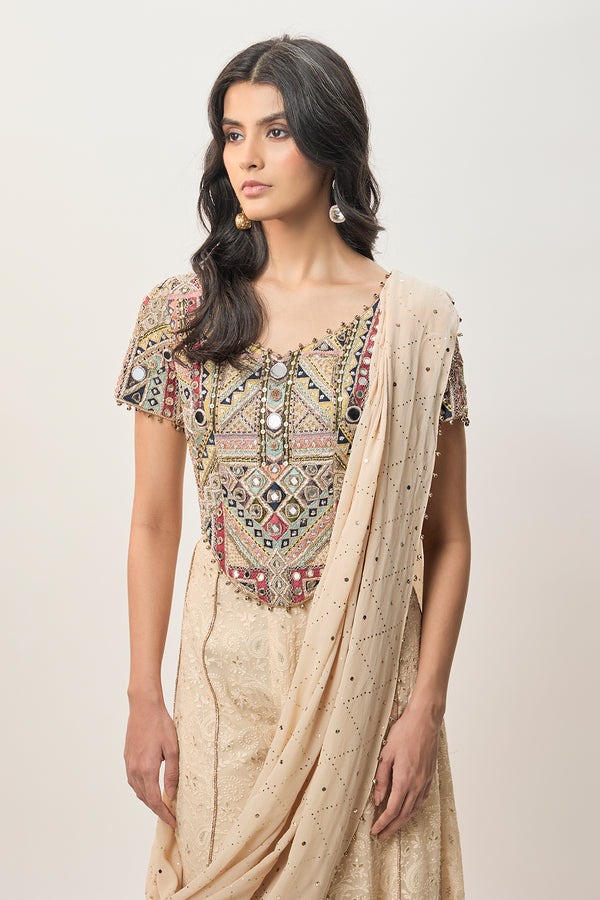 Ivory Sharara Set with Heritage Mirror-Embroidered Blouse and Draped Dupatta