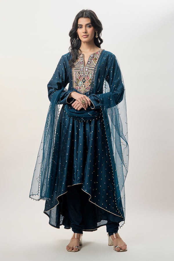 Deep Teal Anarkali with Mirror-Embroidered Yoke and Sheer Dupatta