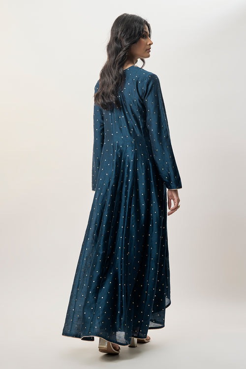 Deep Teal Anarkali with Mirror-Embroidered Yoke and Sheer Dupatta