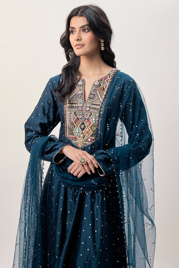 Deep Teal Anarkali with Mirror-Embroidered Yoke and Sheer Dupatta