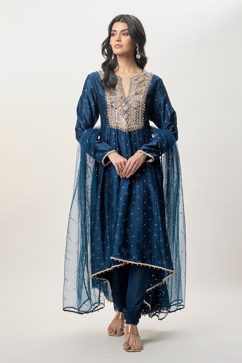 Midnight Blue Anarkali with Mirror-Embroidered Yoke and Sheer Dupatta