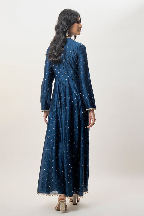 Midnight Blue Anarkali with Mirror-Embroidered Yoke and Sheer Dupatta
