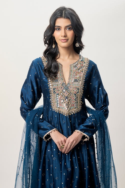 Midnight Blue Anarkali with Mirror-Embroidered Yoke and Sheer Dupatta
