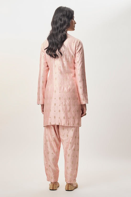 Blush Pink Suit with Mirror-Embroidered Kurta and Sheer Dupatta