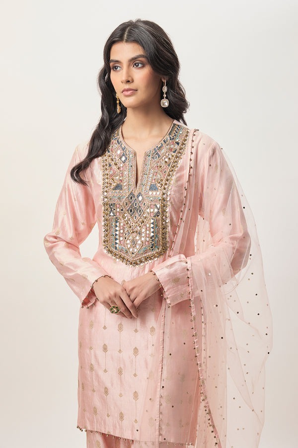 Blush Pink Suit with Mirror-Embroidered Kurta and Sheer Dupatta
