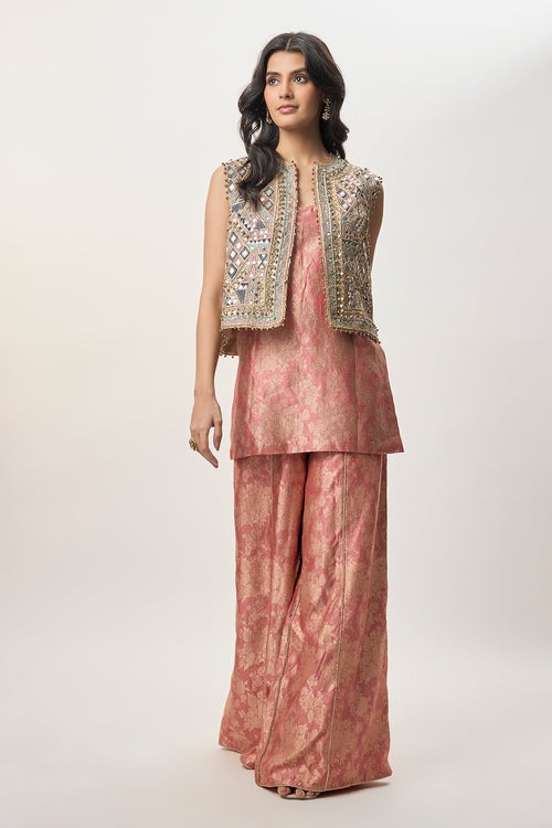 Rose Jacquard Kurta Set with Mirror-Embellished Heritage Jacket
