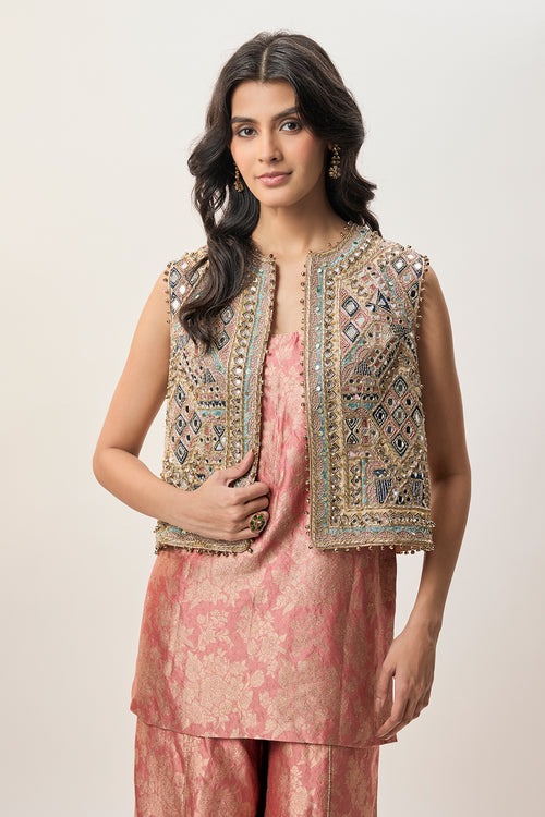 Rose Jacquard Kurta Set with Mirror-Embellished Heritage Jacket