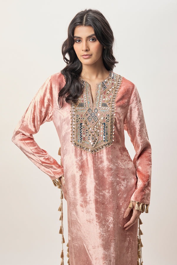 Blush Velvet Kaftan with Mirror-Embroidered Heritage Yoke