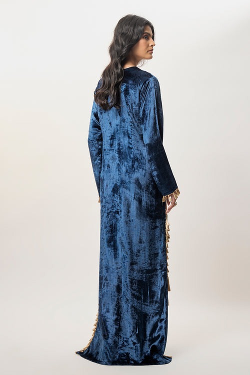 Deep Blue Velvet Kaftan with Mirror-Embroidered Heritage Yoke