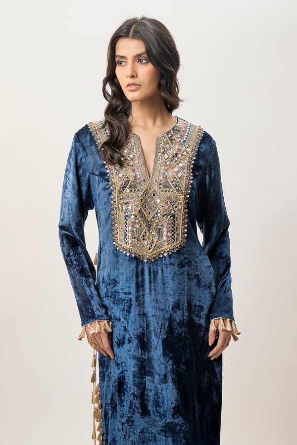 Deep Blue Velvet Kaftan with Mirror-Embroidered Heritage Yoke