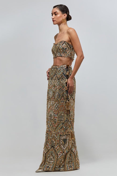 Strapless Embellished Column Skirt Set with All-Over Mirror and Zardozi Work