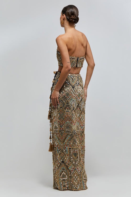 Strapless Embellished Column Skirt Set with All-Over Mirror and Zardozi Work