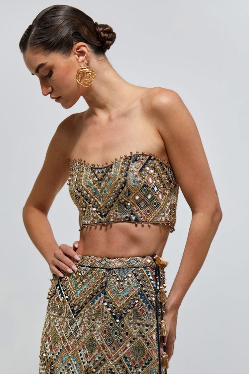 Strapless Embellished Column Skirt Set with All-Over Mirror and Zardozi Work