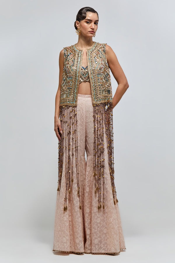 Blush Sharara Set with Mirror-Embellished Jacket and Beaded Fringe