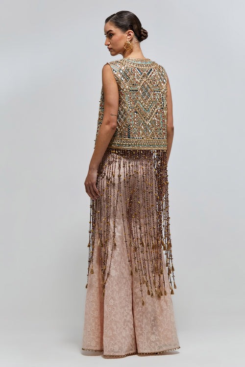 Blush Sharara Set with Mirror-Embellished Jacket and Beaded Fringe