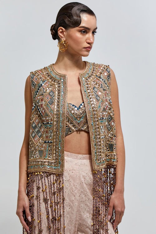 Blush Sharara Set with Mirror-Embellished Jacket and Beaded Fringe