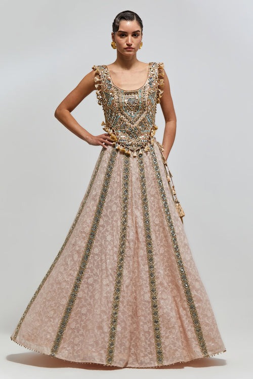 Blush Lehenga with Vertical Mirror-Embroidered Panels and Heritage Blouse
